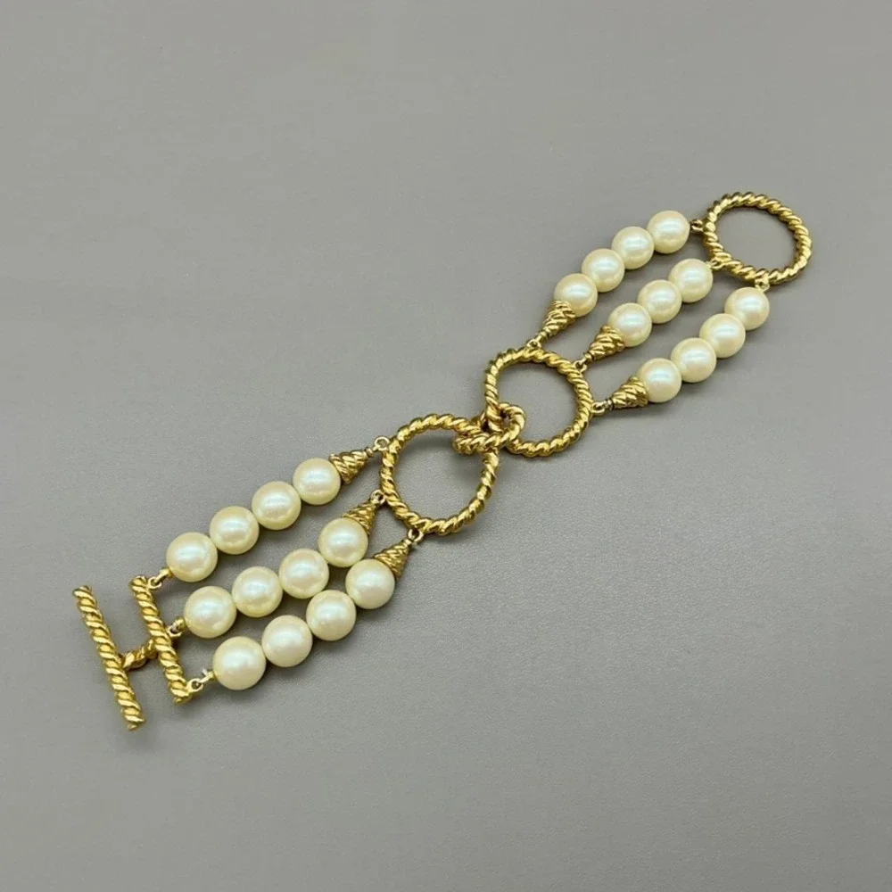 Vintage Richelieu Bracelet Womens Gold Tone Faux Pearl Multi Strand 7.5 Inches